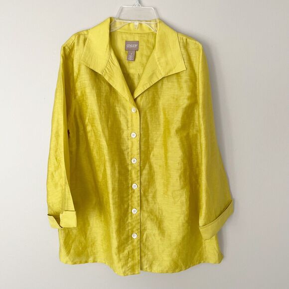 Chico’s Size 1 Small Yellow Button Linen Lyocell Blend Shirt - Picture 1 of 6